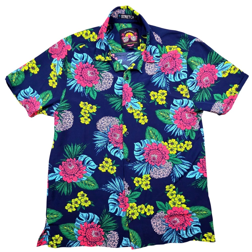 Good‎ Vibes Drill Clothing Co Mens Large Tropical Floral Stretch Hawaiian Shirt